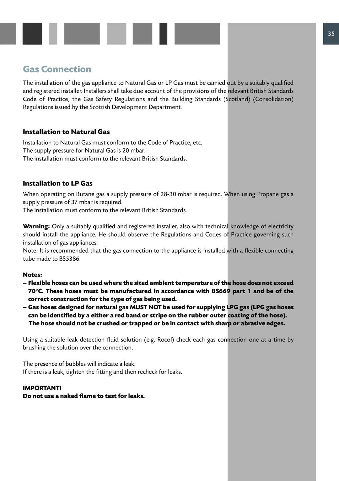 CDA RC 9021 manual Gas Connection, Installation to Natural Gas , Installation to LP Gas  